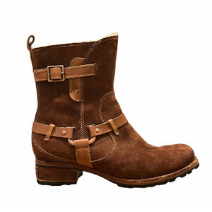 UGG Endel Harness Womens Size 7 Brown Suede Biker Moto Zip Fur Lined Boots Shoes